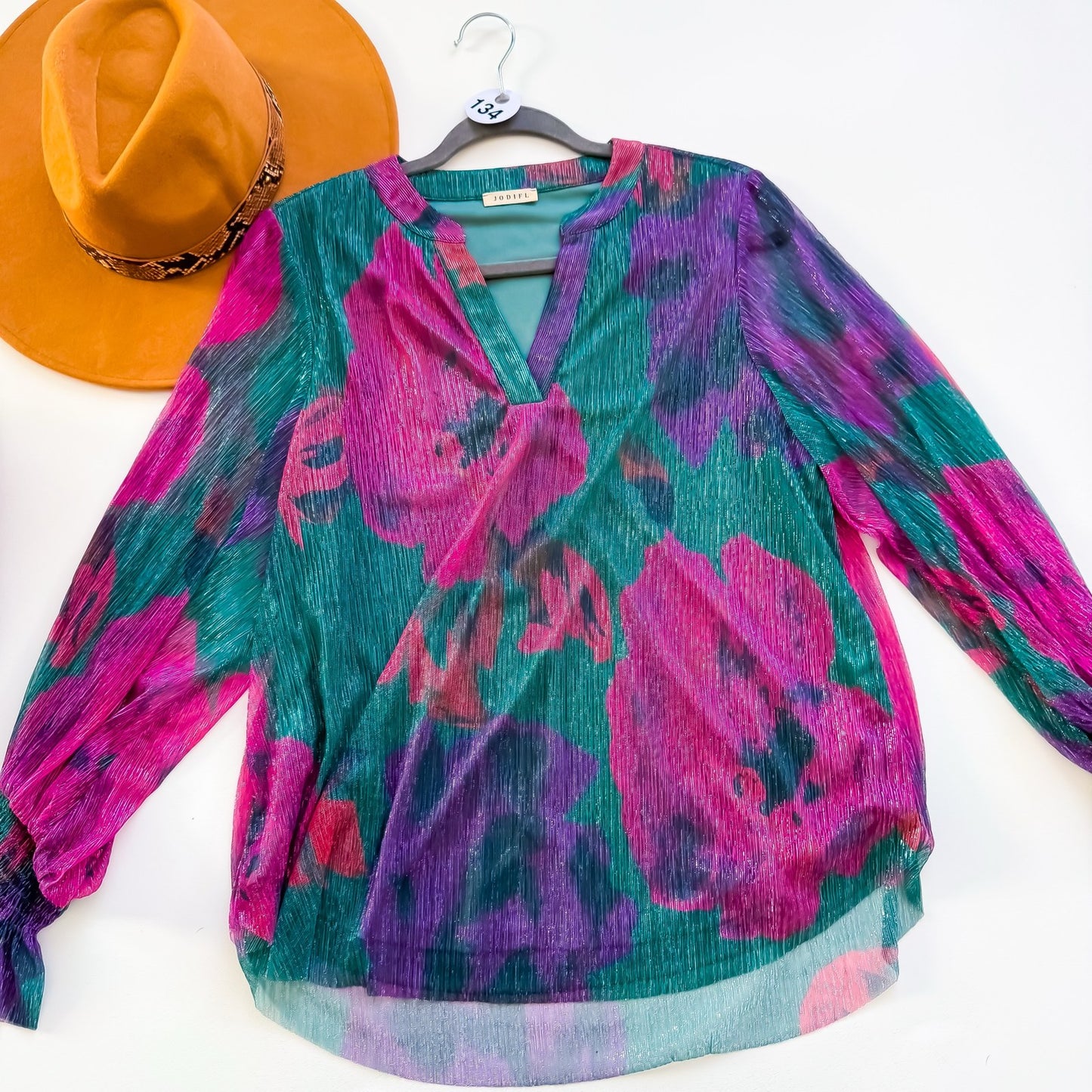 Peacock Bloom Shimmer Notch Neck Blouse