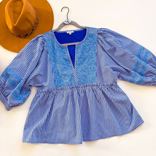 Blueberry Bliss Embroidered Gingham Peplum Blouse