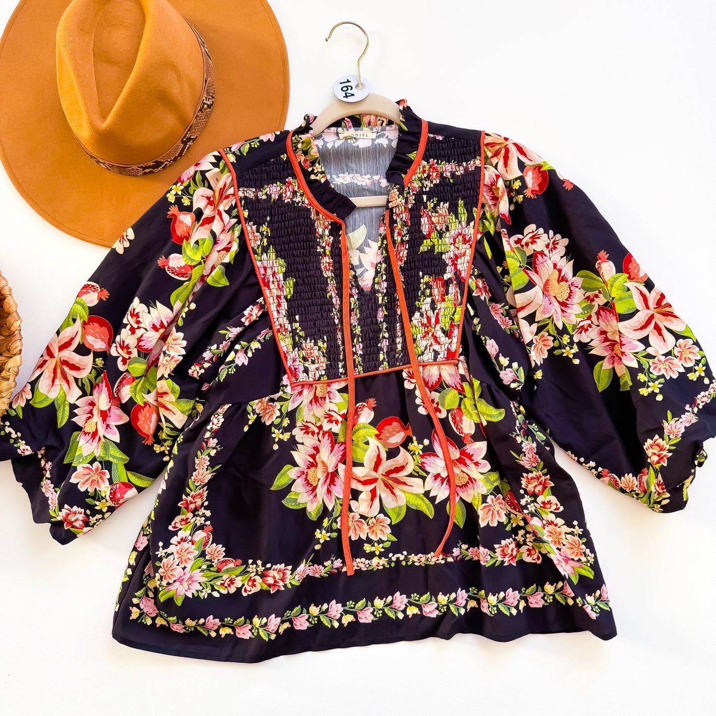 Pomegranate Garden Smocked Bib Peplum Blouse