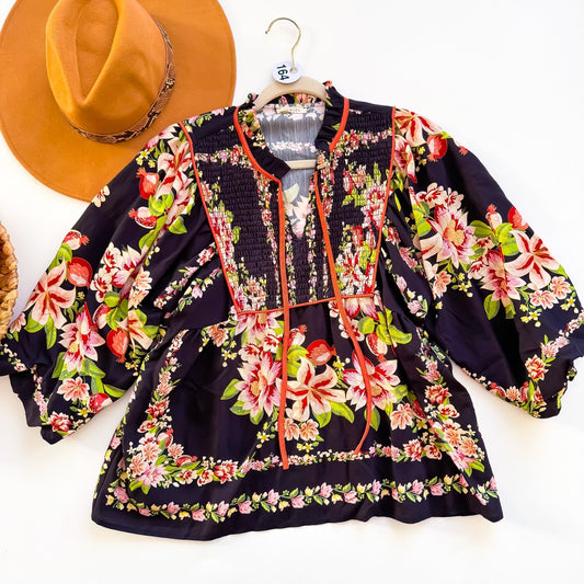 Pomegranate Garden Smocked Bib Peplum Blouse