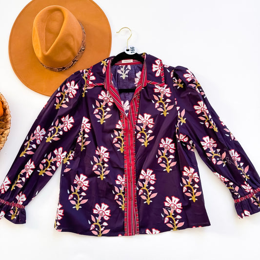 Plum Posy Floral Collared Button Blouse