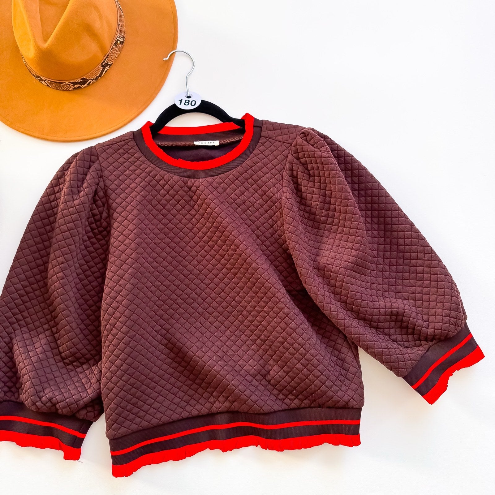 Mulled Wine Quilted Stripe Trim Sweatshirt