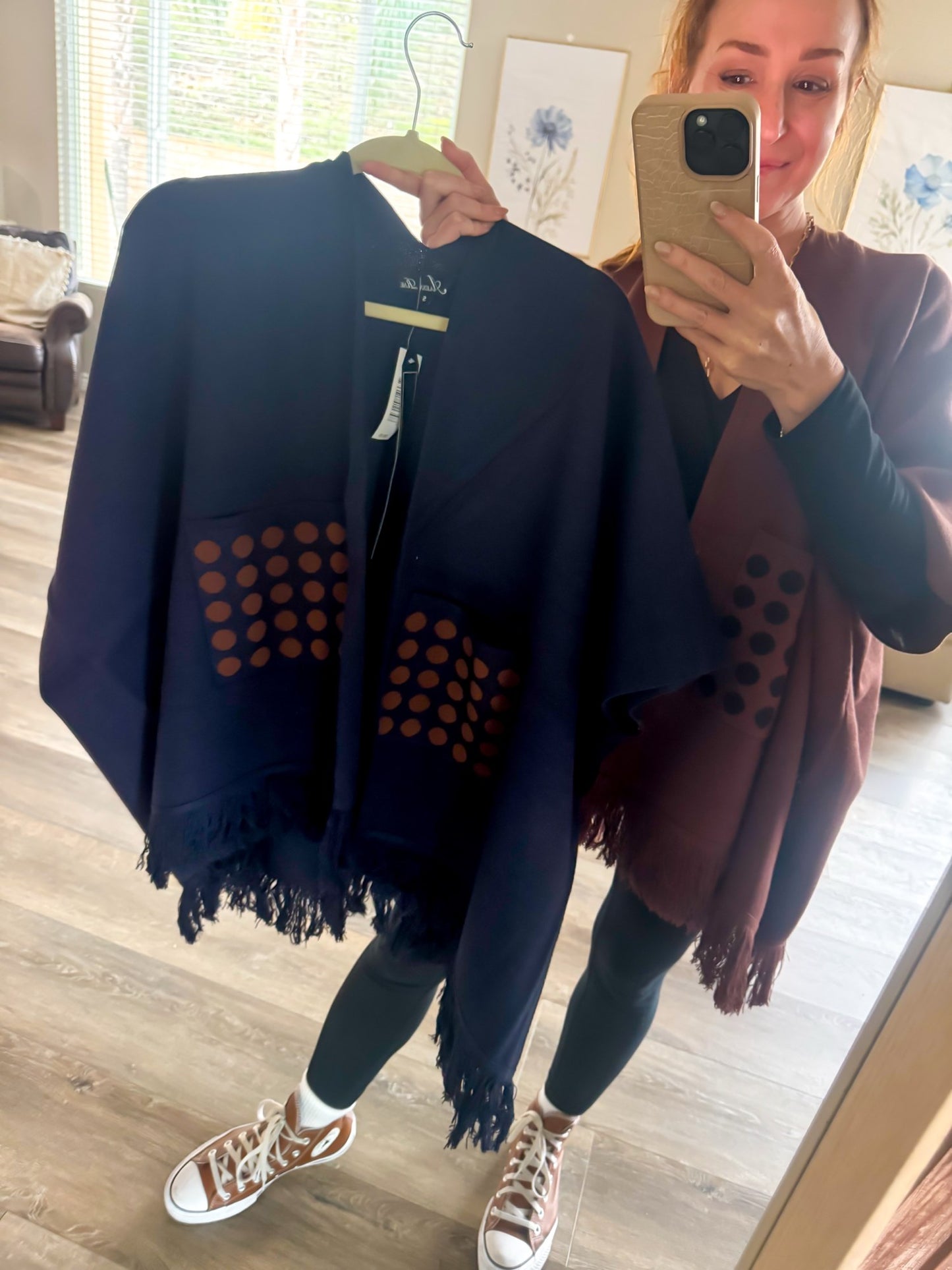 Navy polka dot pocket poncho with fringe