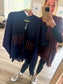 Navy polka dot pocket poncho with fringe