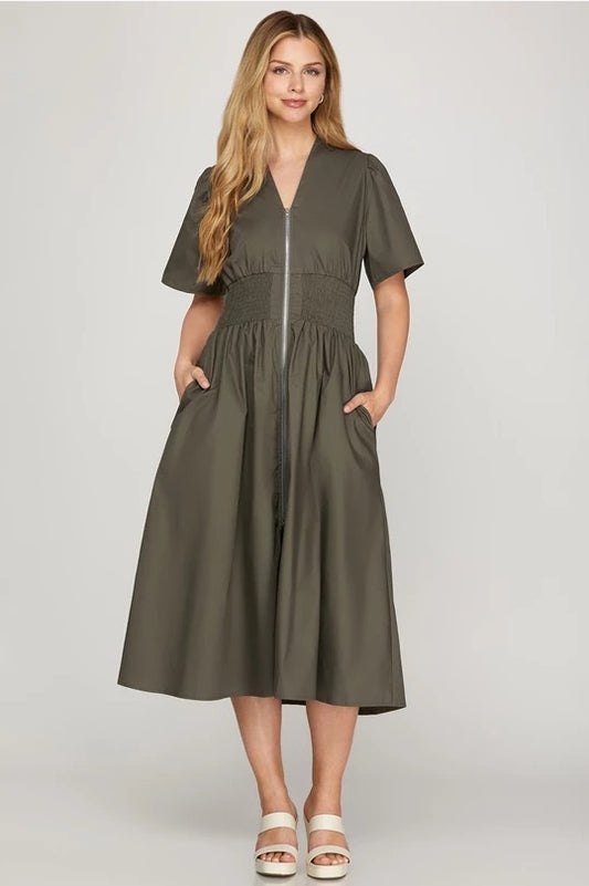 Olive zip front midi dress with smocked waist and flutter sleeves