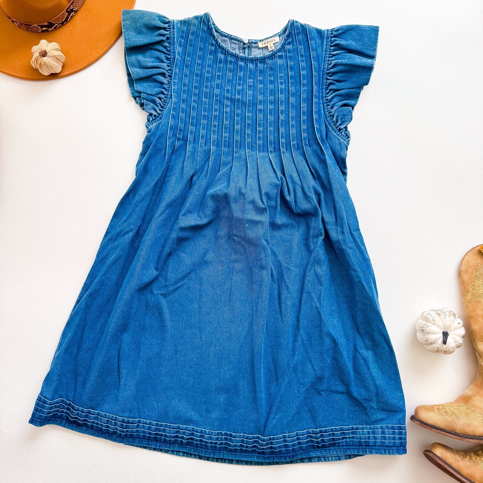Blue Bell Pintuck Flutter Sleeve Denim Dress