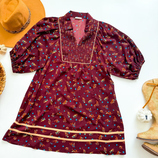 Burgundy Blooms Smocked Bib Puff Sleeve Dress