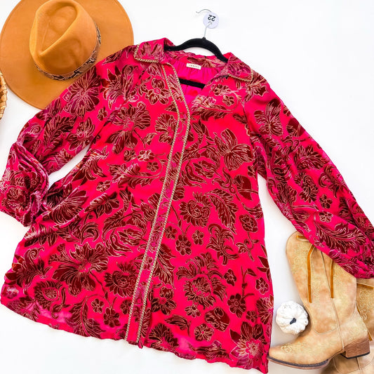 Raspberry Velvet Burnout Button Front Tunic Dress