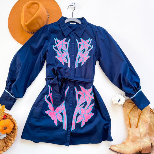 Daffodil Dreams Appliqué Belted Shirt Dress