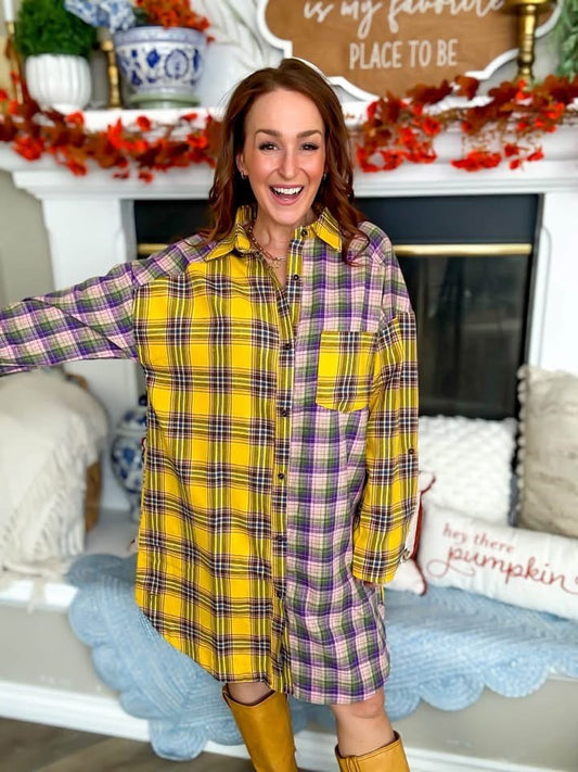 Patchwork plaid flannel shirt dress styled as a shacket