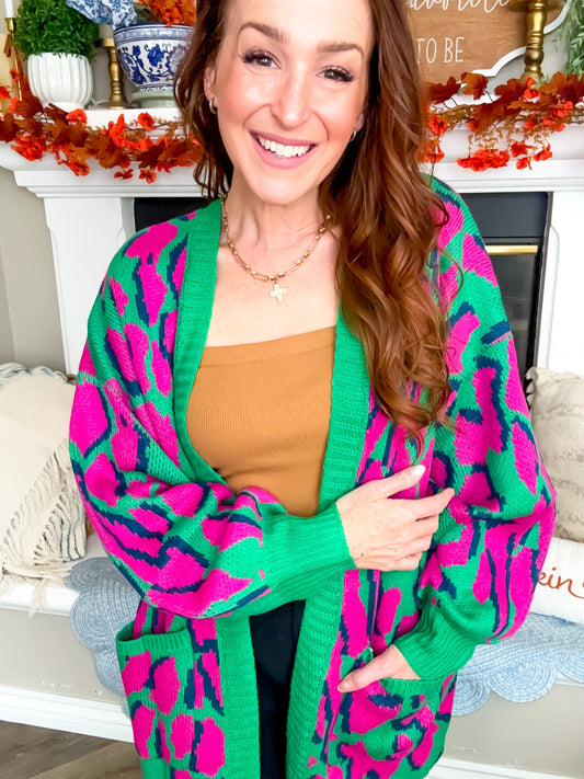 Pumpkin Vine Green & Pink Leopard Open Front Pocket Cardigan