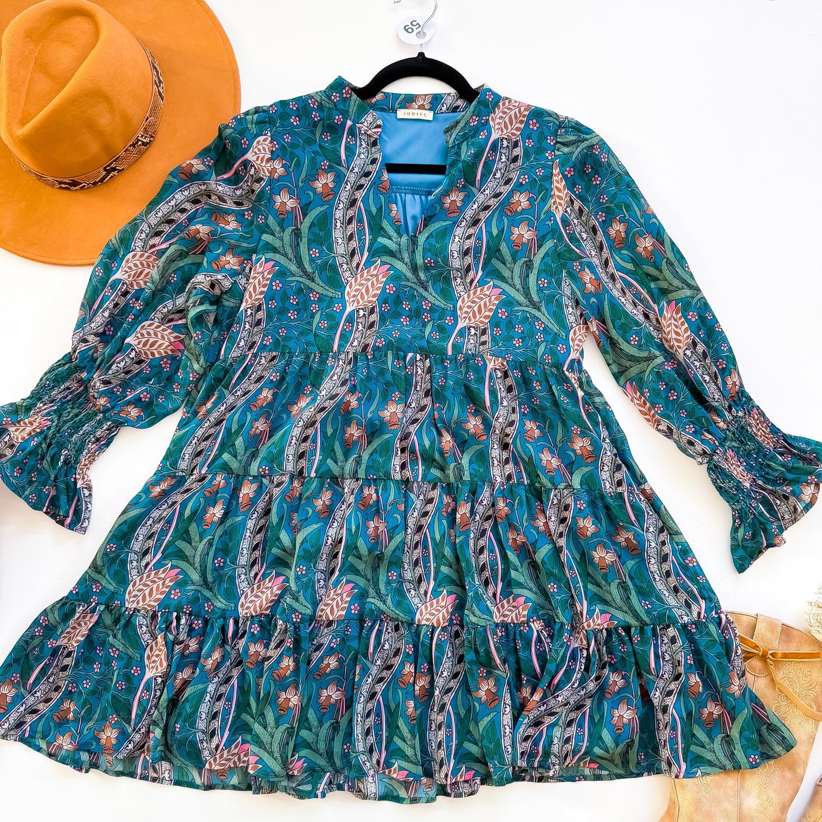 Peacock Garden Smocked Cuff Tiered Mini Dress