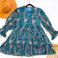 Peacock Garden Smocked Cuff Tiered Mini Dress