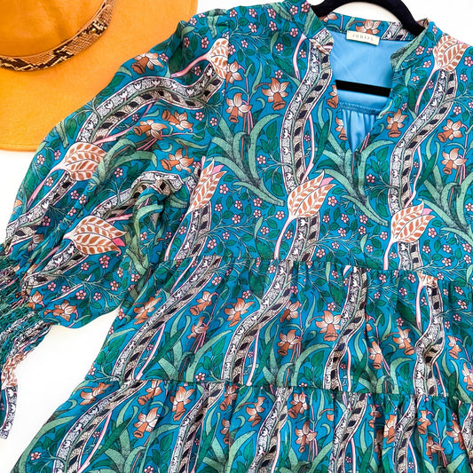 Peacock Garden Smocked Cuff Tiered Mini Dress detail