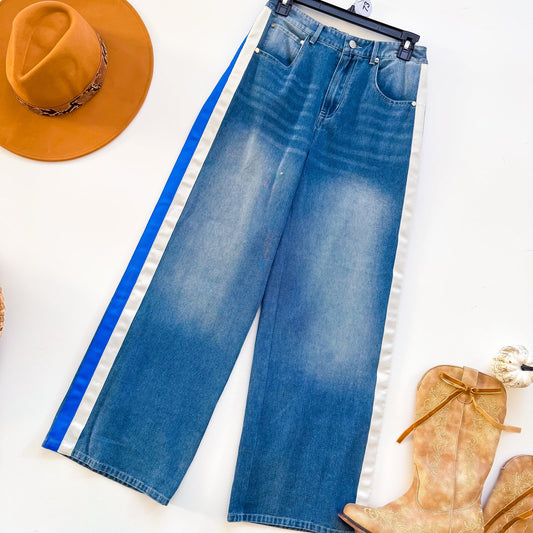 Game Day Blue Stripe Side Panel Wide Leg Jeans