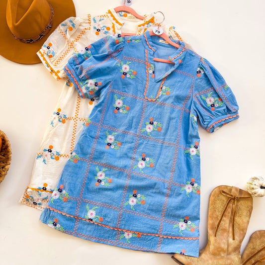 Cornflower Blossom Embroidered Puff Sleeve Shift Dress in blue