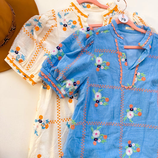 Cornflower Blossom Embroidered Puff Sleeve Shift Dress in blue and cream