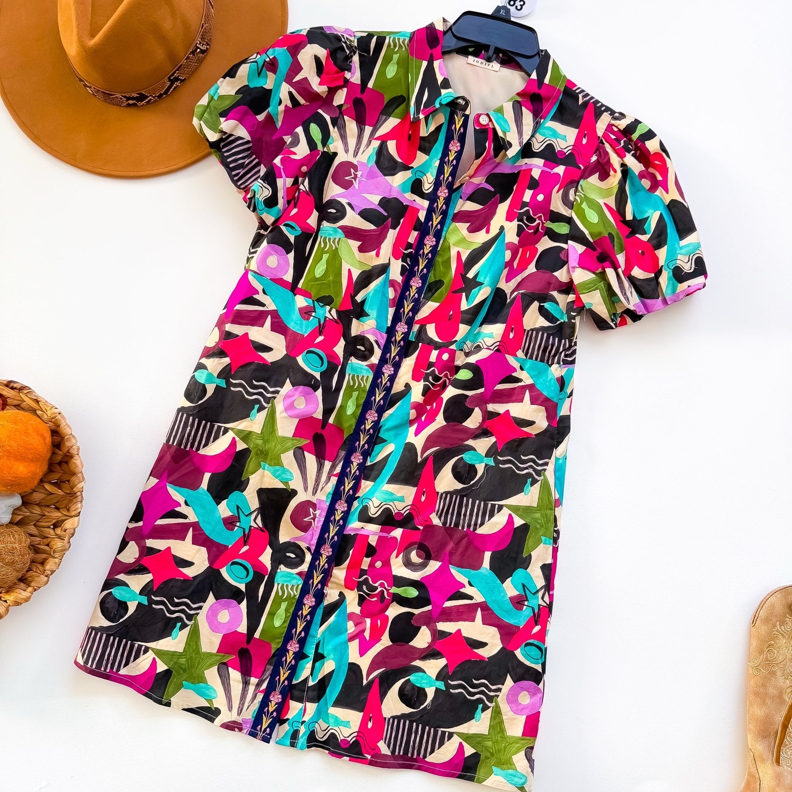 Abstract Art Puff Sleeve Embroidered Placket Shirt Dress