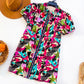 Abstract Art Puff Sleeve Embroidered Placket Shirt Dress