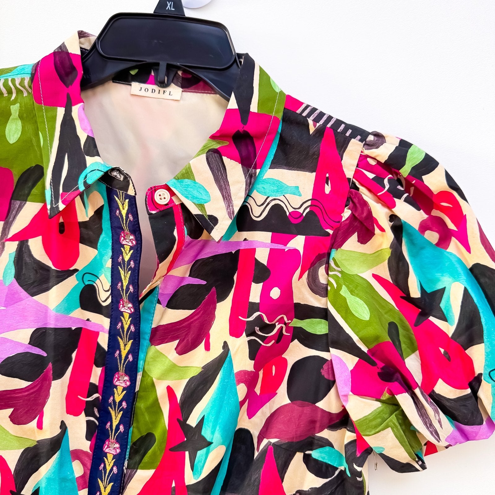 Abstract Art Puff Sleeve Embroidered Placket Shirt Dress detail