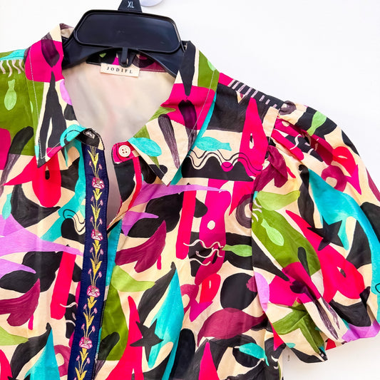 Abstract Art Puff Sleeve Embroidered Placket Shirt Dress detail