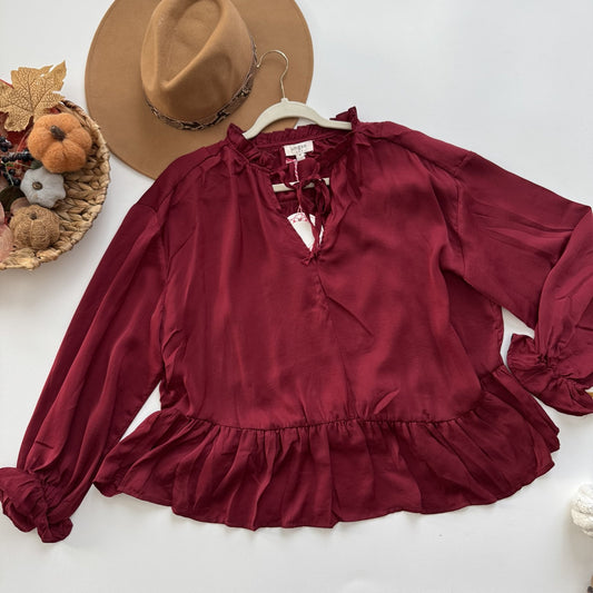Umgee cranberry satin ruffle peplum blouse