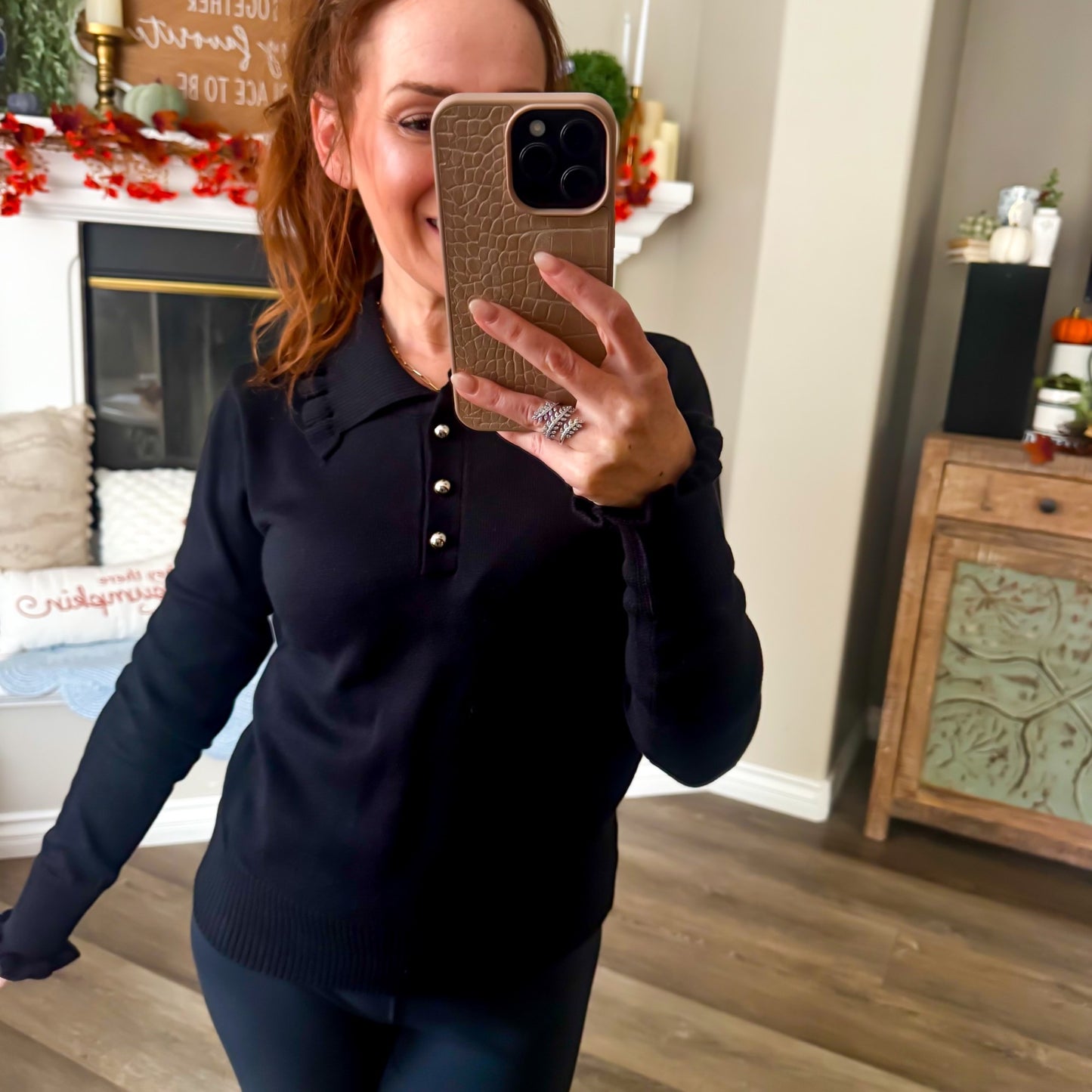 Black ruffle collar polo sweater