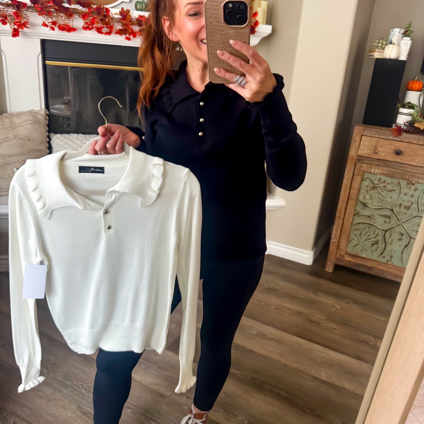 Cream and black polo sweaters