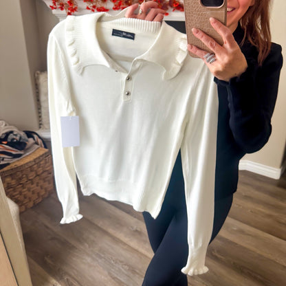 Cream ruffle collar polo sweater