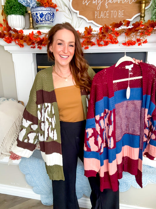 Spiced Cider Olive & Burgundy Color Block Leopard Open Knit Cardigan