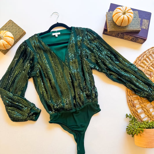 Emerald sequin stripe wrap top