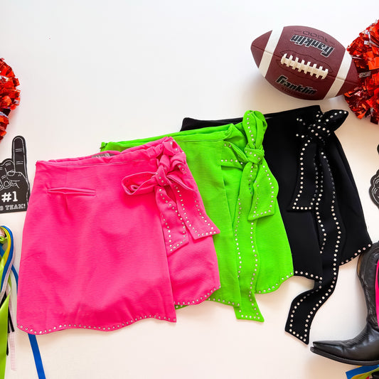 Game Day Glam rhinestone bow skorts in pink, green and black