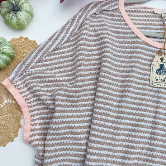 Maple Latte Stripe Top textured stripe and blush trim detail