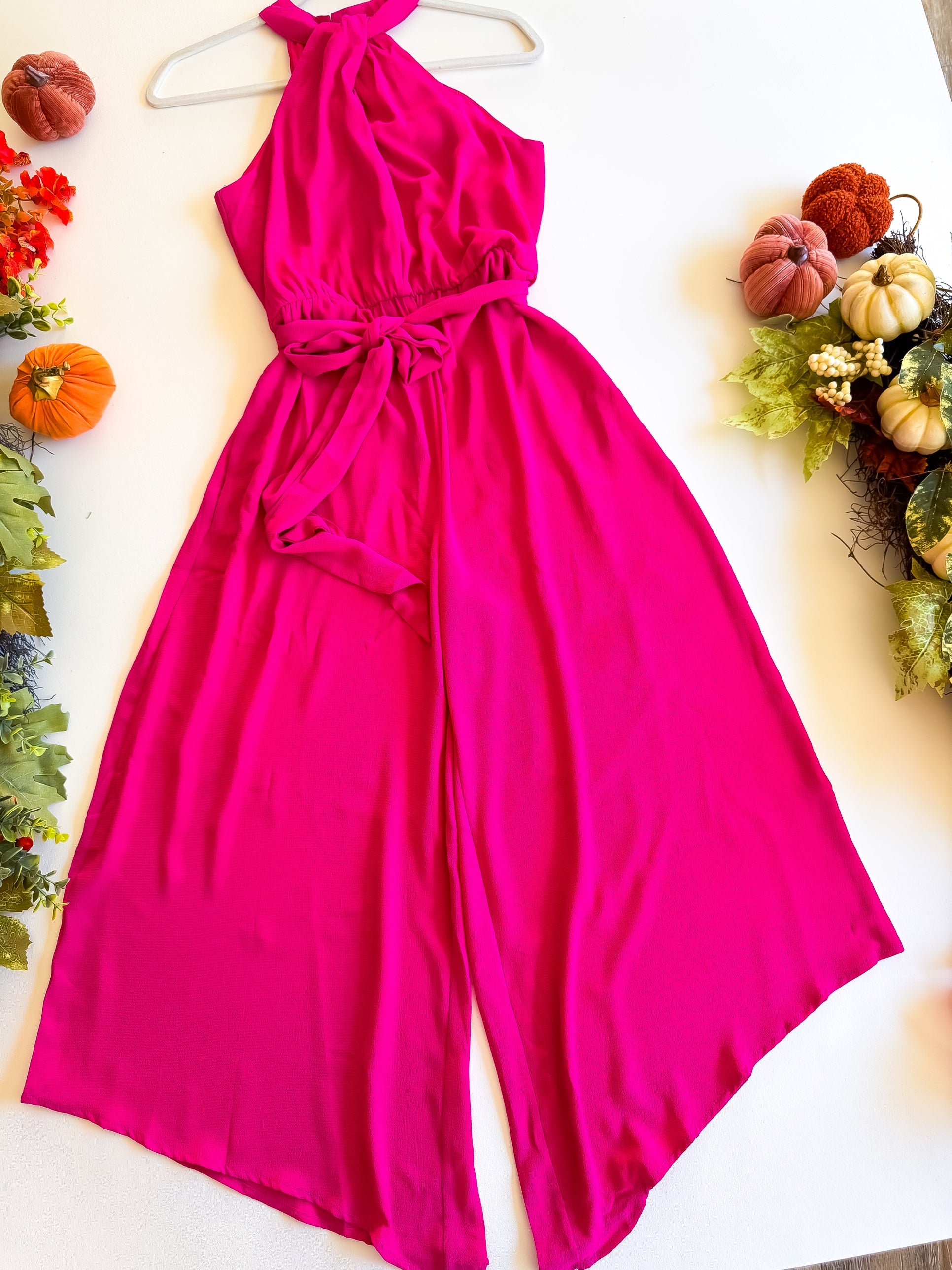 October Ever After halter jumpsuit flatlay