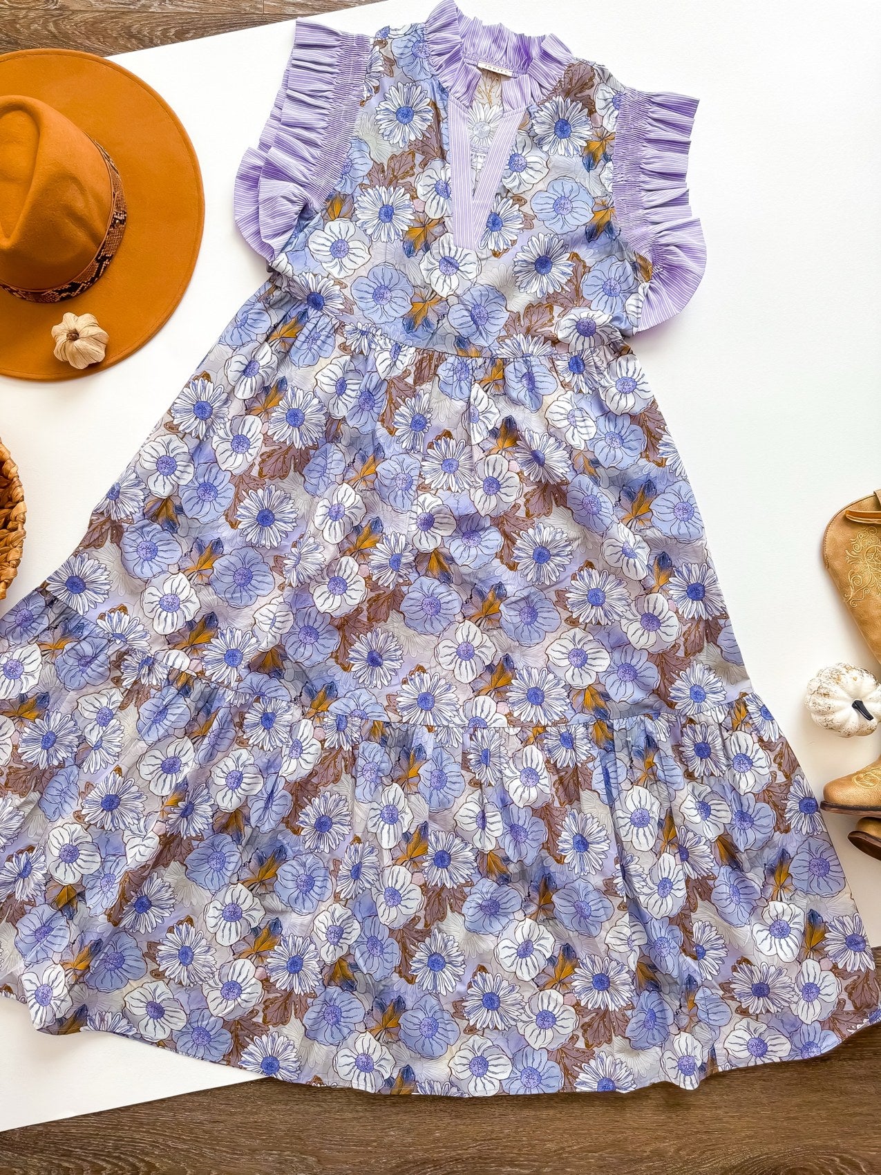 JODIFL lavender floral striped ruffle tiered dress