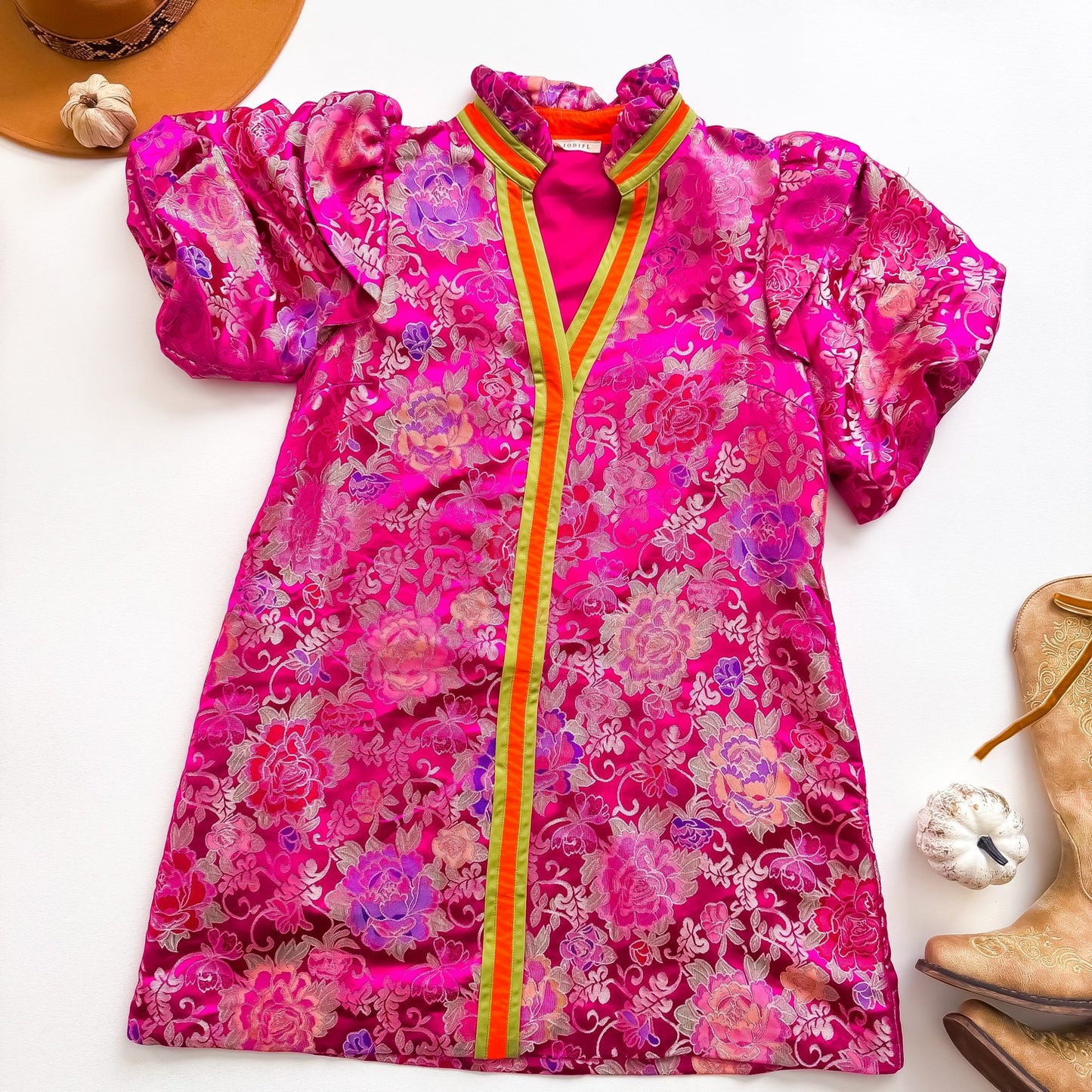 JODIFL fuchsia brocade puff sleeve dress
