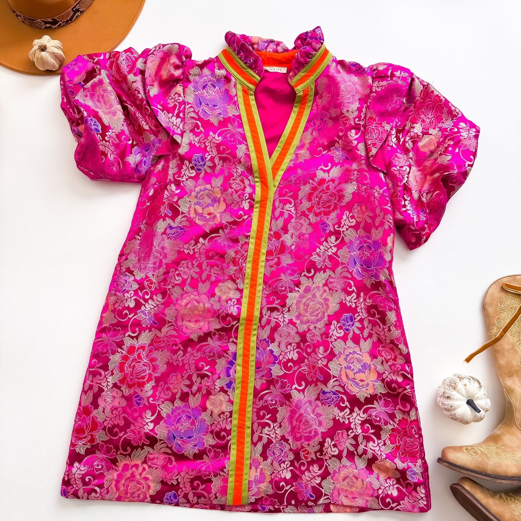 JODIFL fuchsia brocade puff sleeve dress