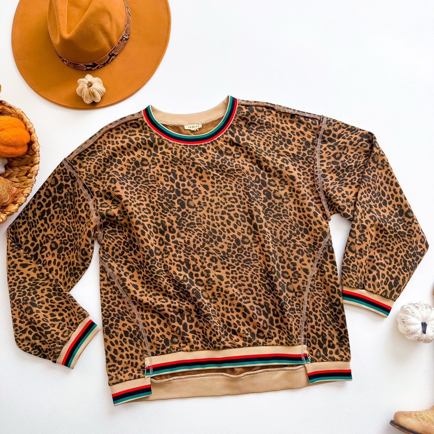 JODIFL leopard sweatshirt with rainbow stripe trim