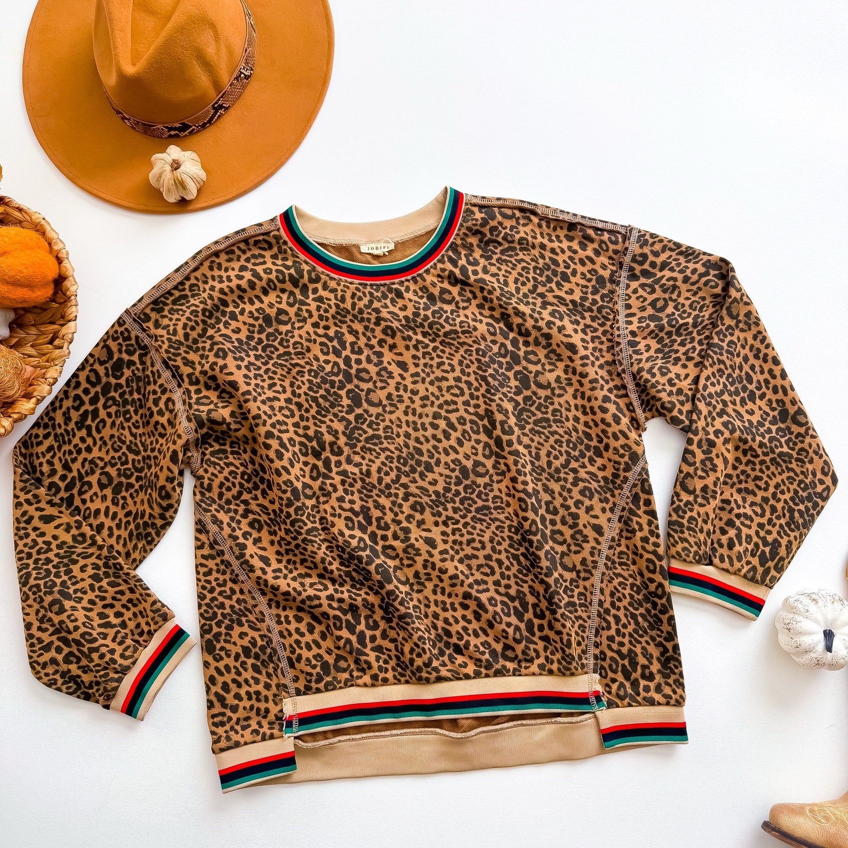 JODIFL leopard sweatshirt with rainbow stripe trim