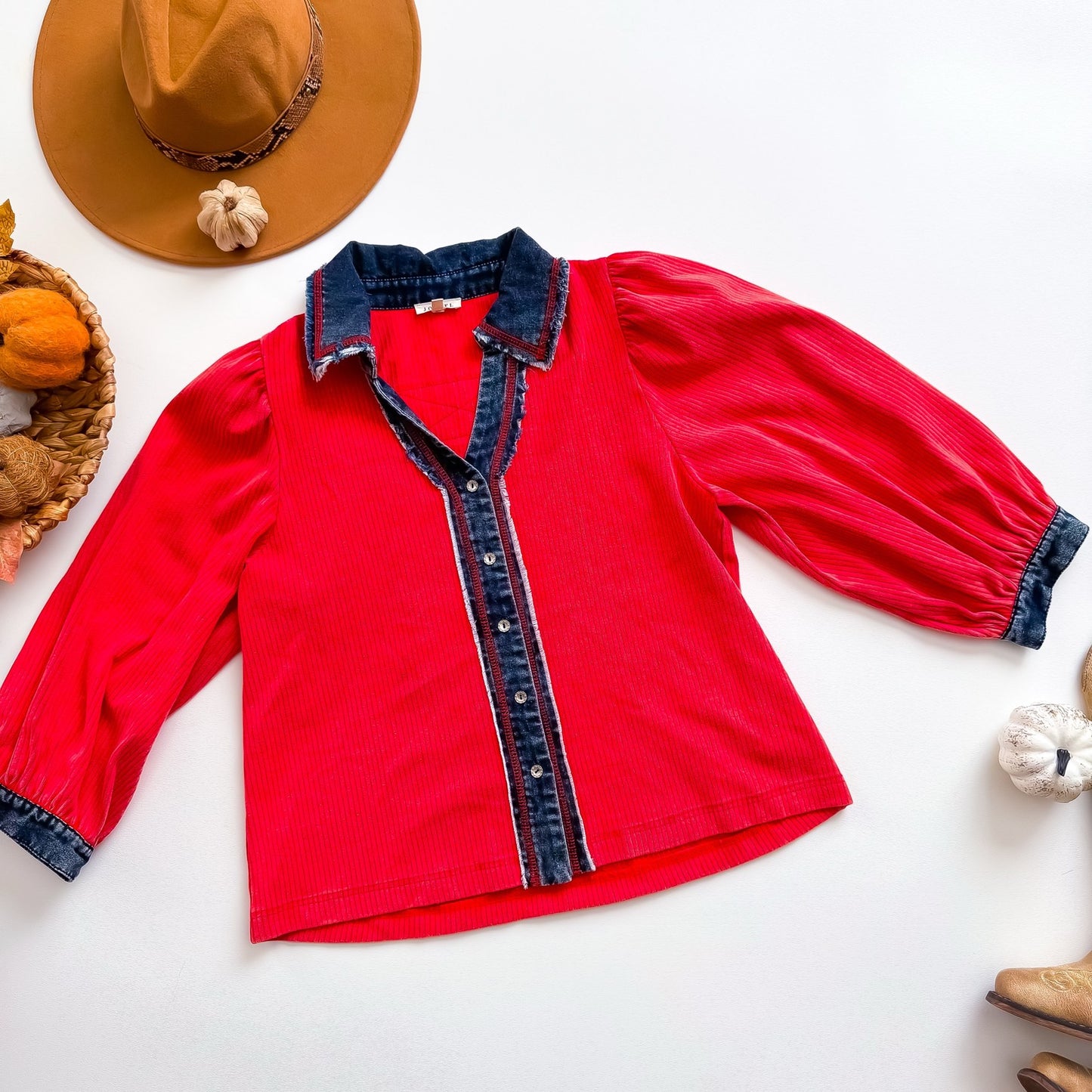 JODIFL red denim trim puff sleeve button blouse