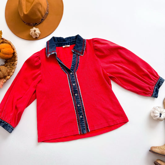 JODIFL red denim trim puff sleeve button blouse