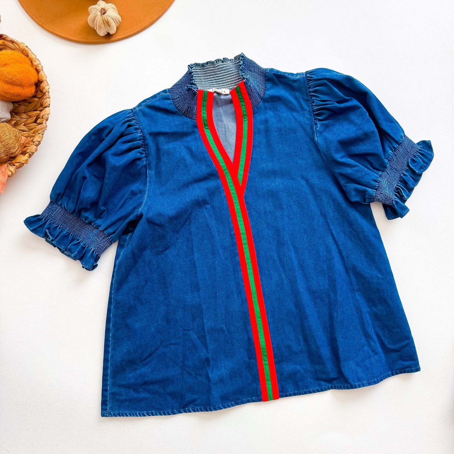 JODIFL denim stripe placket puff sleeve top