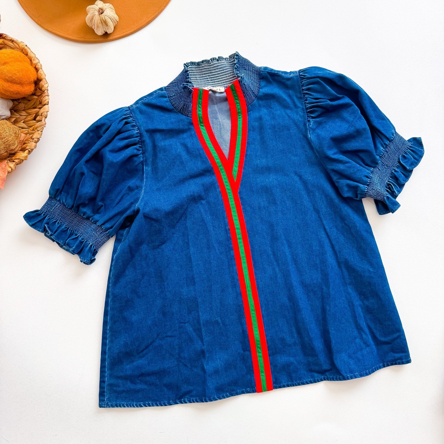 JODIFL denim stripe placket puff sleeve top