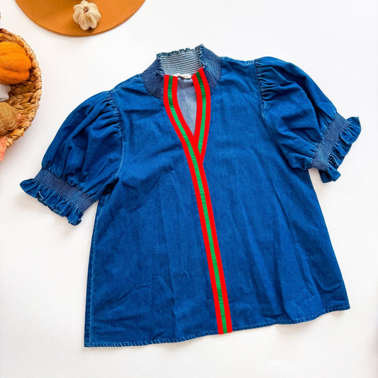 JODIFL denim stripe placket puff sleeve top