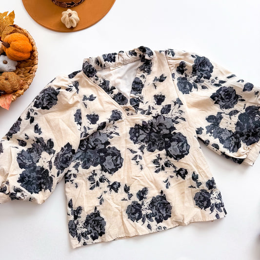 JODIFL charcoal floral ruffle neck puff sleeve top