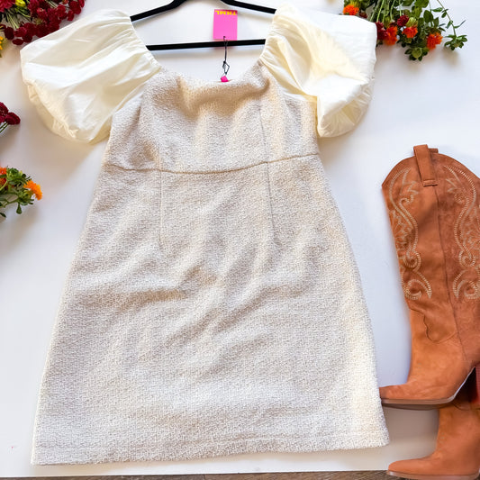 Cream tweed puff sleeve mini dress