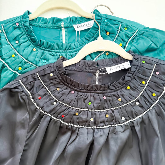 Rhinestone ruched neckline detail