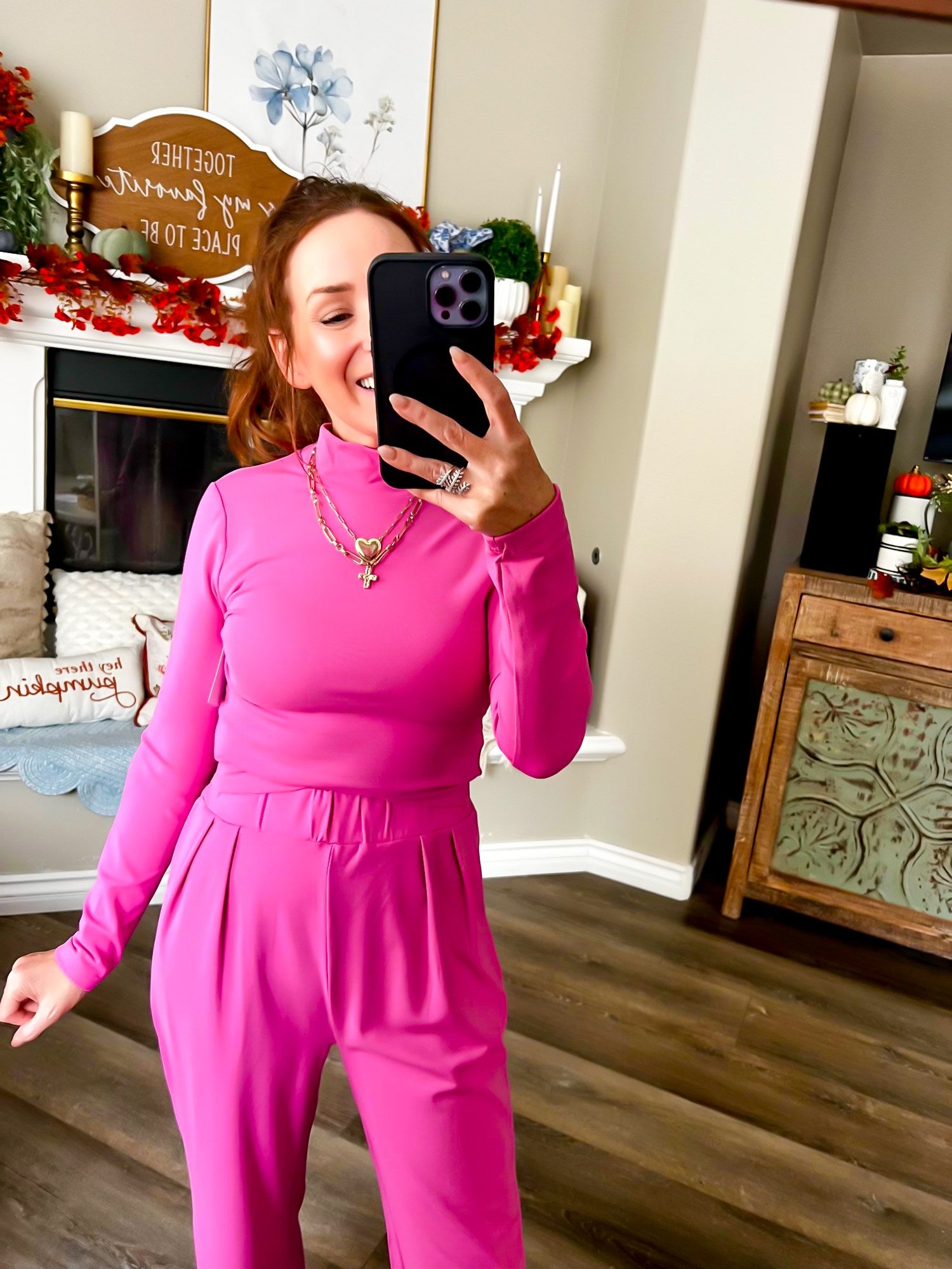 Pink mock neck top and pleated wide leg pant set