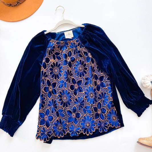 Umgee navy velvet burnout lace peasant blouse