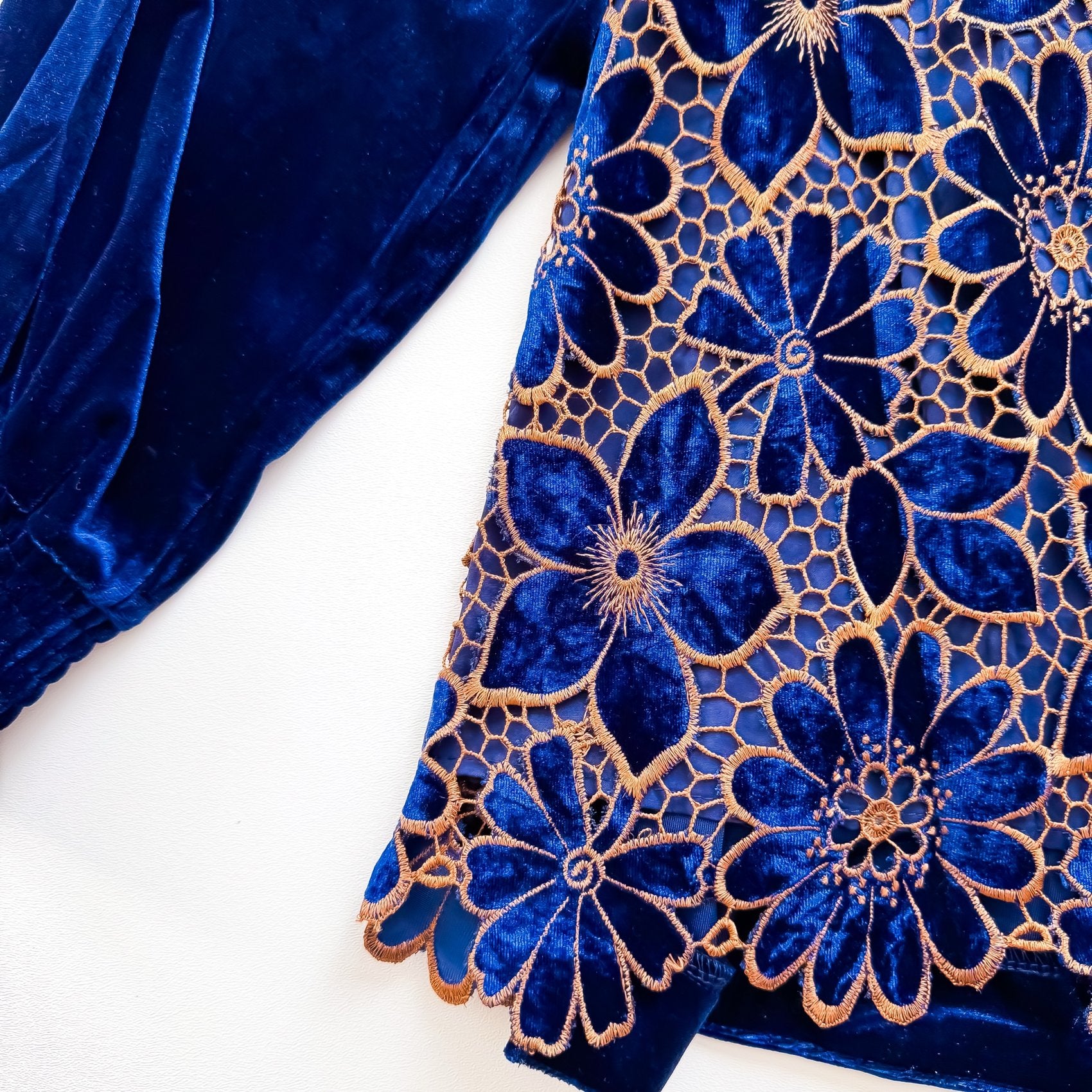 Velvet burnout lace hem detail
